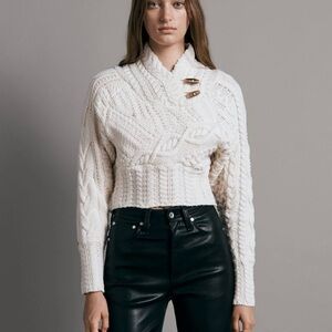 rag & bone Cream Cable Knit Cowl Sweater with Toggle Buttons